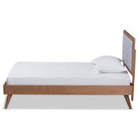 Baxton Studio Roze-Light Grey/Walnut-Twin Roze Mid-Century Modern Light Grey Fabric Upholstered and Walnut brown Finished Wood Twin Size Platform Bedn